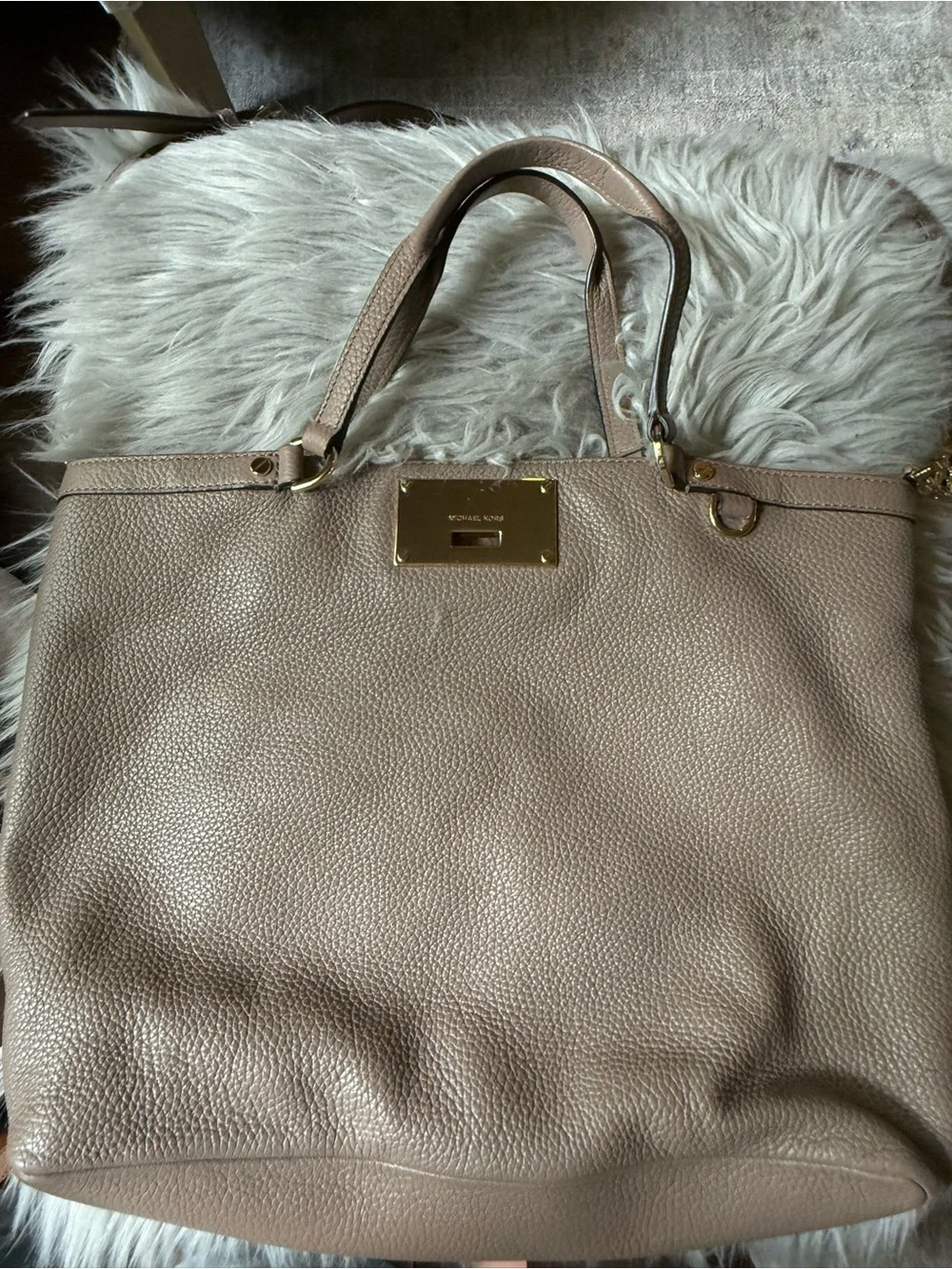 Michael Kors Tan Pebbled Leather Shoulder Tote with Gold Hardware